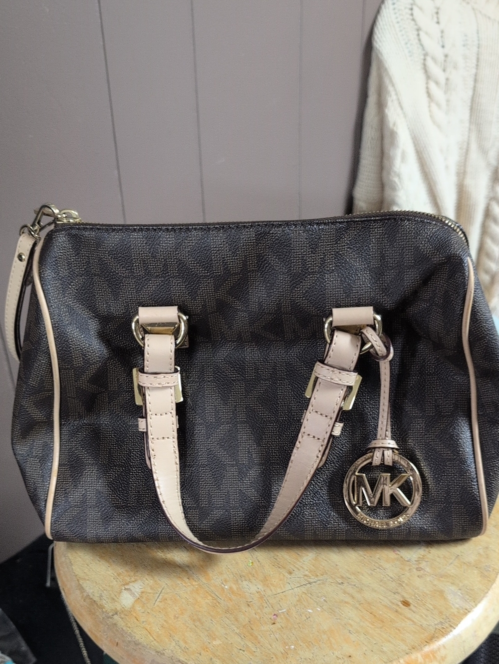 Michael Kors Brown Logo Satchel with Pale Pink Trim